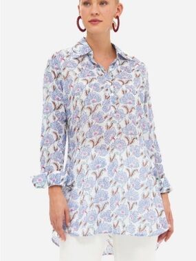 OLIPHANT Long Collar Dress Shirt Tunic Floral Preppy Coastal Medium Lightweight